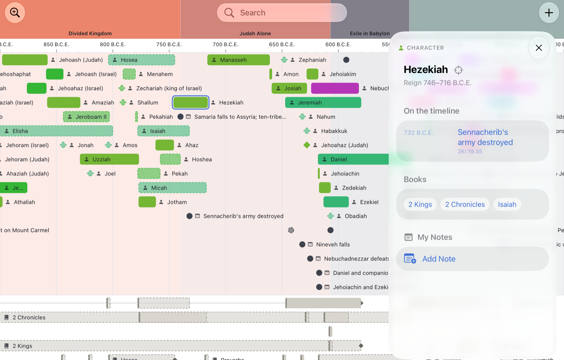 Hayamim on iPad: the kings and prophets of Judah and Israel laid out by date under era bands, with Hezekiah's details open beside them